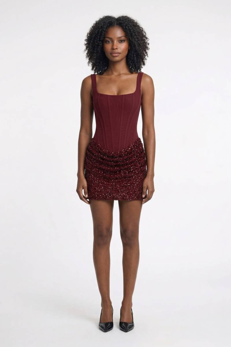 Mini Robe Femme - Sequins Bustier à Bretelles | Cocktail - Bordeaux