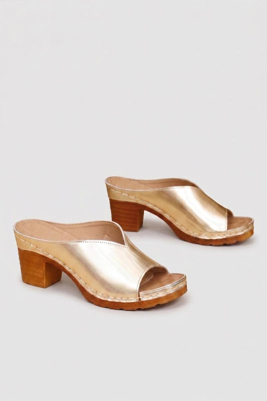 Mules Femme - Talon Bloc Bois Ouverture Frontale | Moderne — Doré