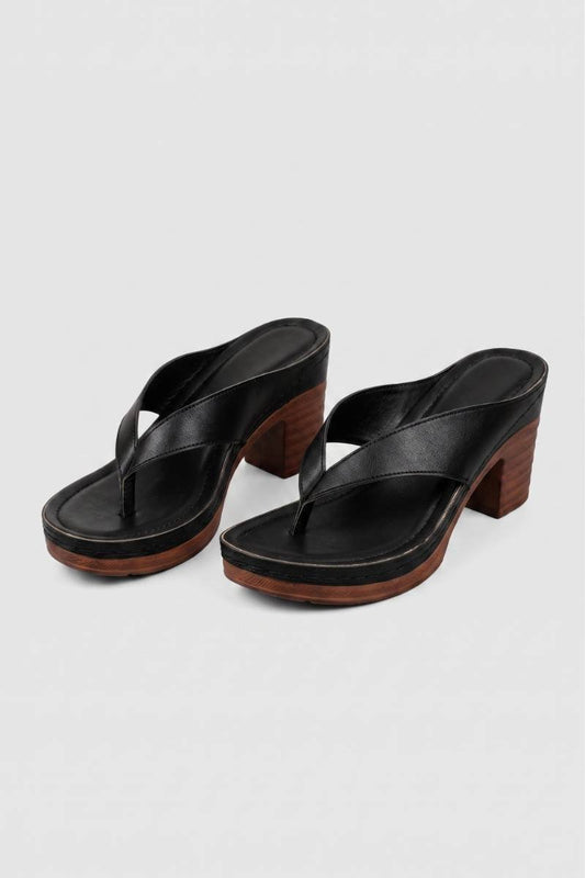 Mules Femme - Tongs Talon Bloc Plateforme Bois | Chic — Noir