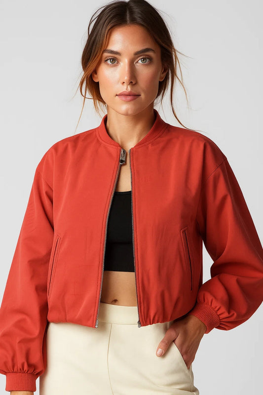 Manteau Court Zippé Style Bomber | Décontracté et Fonctionnel | Noir et Rouge Brique