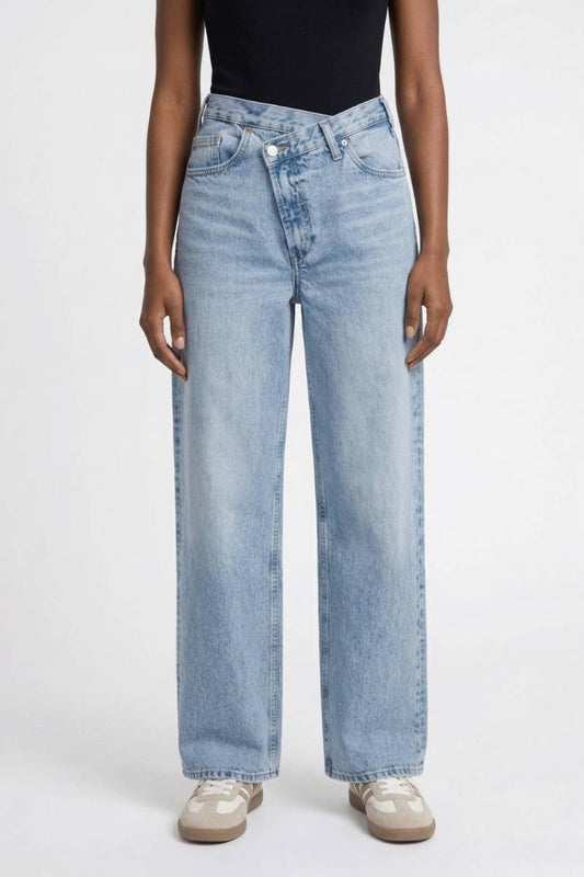 Pantalon Femme - Évasé Taille Haute avec Boucle | Décontracté — Bleu Clair