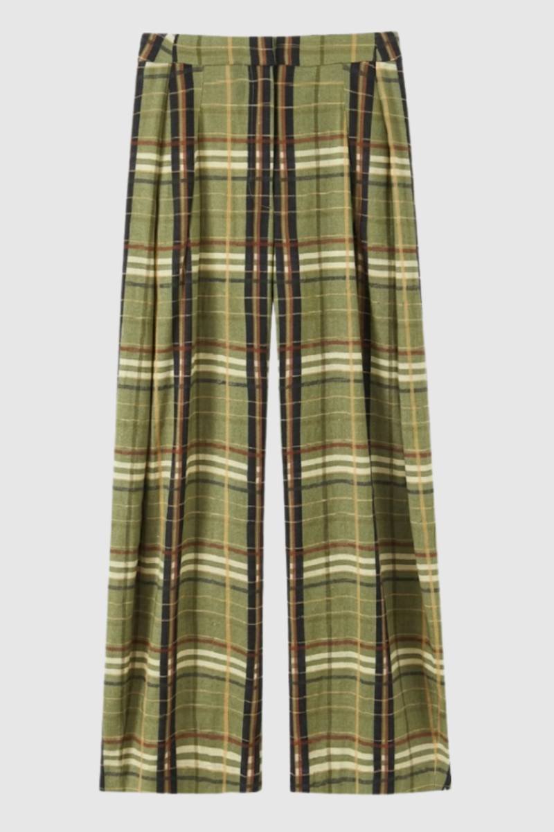 Pantalon Femme - Large à Carreaux Taille Haute | Décontracté — Vert Olive à Carreaux