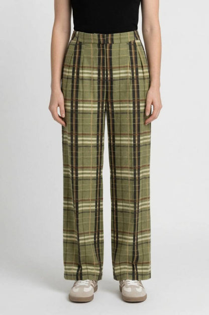 Pantalon Femme - Large à Carreaux Taille Haute | Décontracté — Vert Olive à Carreaux