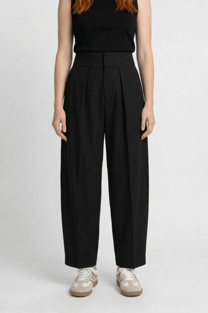 Pantalon Femme - Taille Haute Large avec Plis | Élégant — Noir