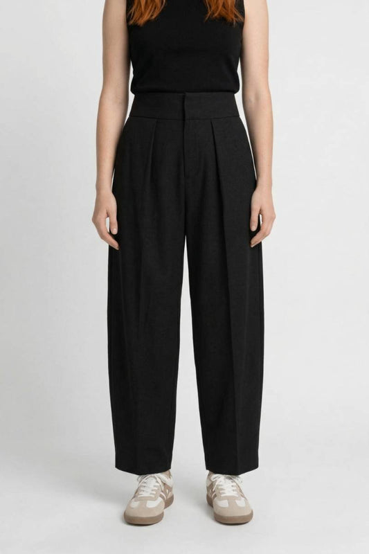 Pantalon Femme - Taille Haute Large avec Plis | Élégant — Noir