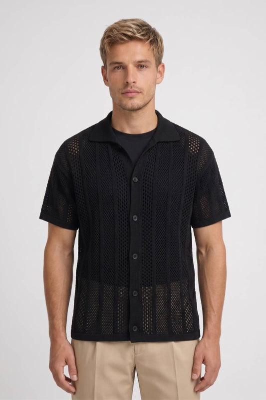 Polo Homme - Manches Courtes Col Polo Tricot Ajouré | Casual — Noir