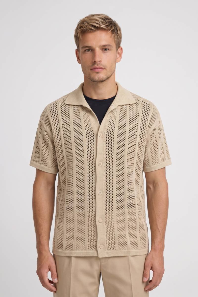 Polo Homme - Manches Courtes Col Polo Tricot Ajouré | Casual — Beige