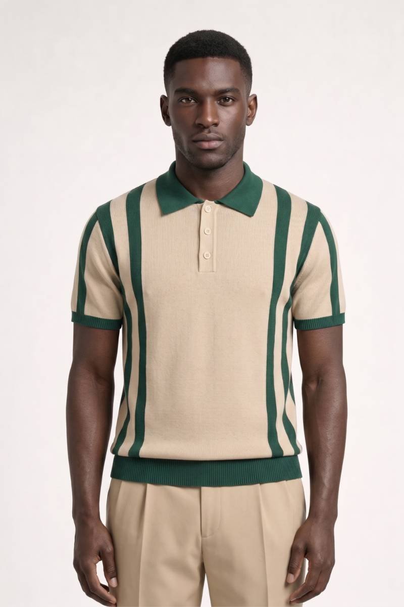 Polo Homme - Style Rayé Rétro avec Col Classique | Vintage — Rayé Beige Vert
