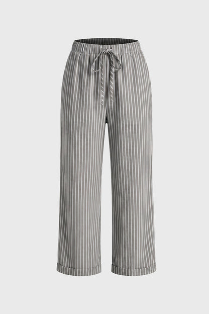 Pantalon Femme - Rayé Taille Haute avec Cordon | Décontracté