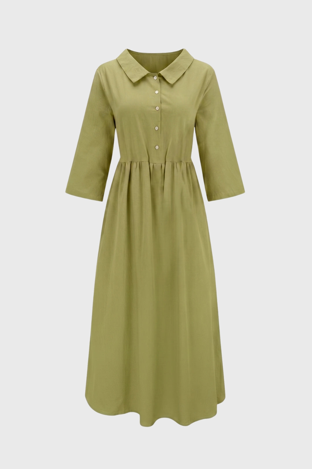 Robe Midi Femme - Col Chemise Manches 3/4 Taille Froncée | Chic