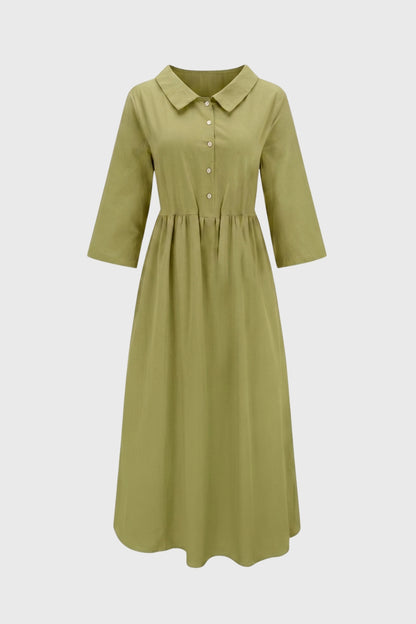 Robe Midi Femme - Col Chemise Manches 3/4 Taille Froncée | Chic