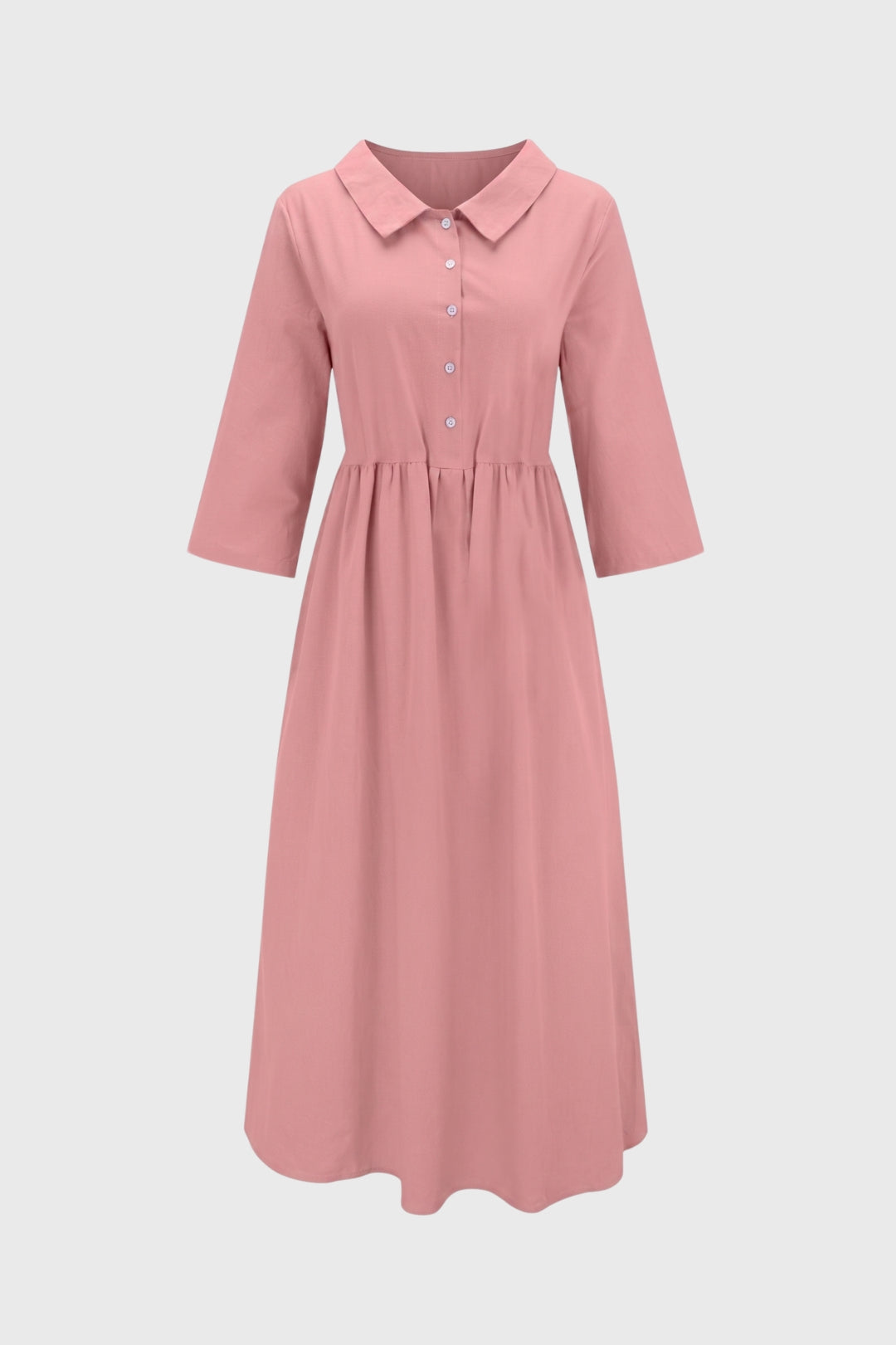Robe Midi Femme - Col Chemise Manches 3/4 Taille Froncée | Chic
