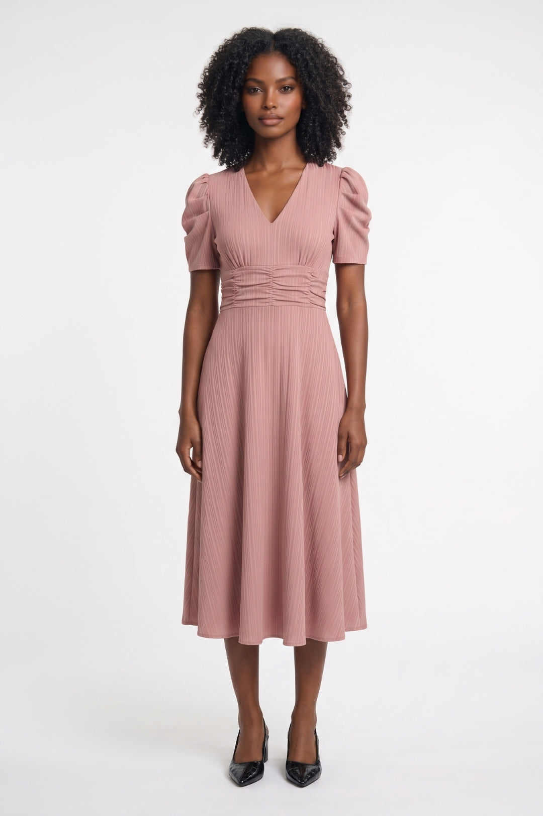 Robe midi Femme - Manches Bouffantes Col V Taille Froncée | Chic