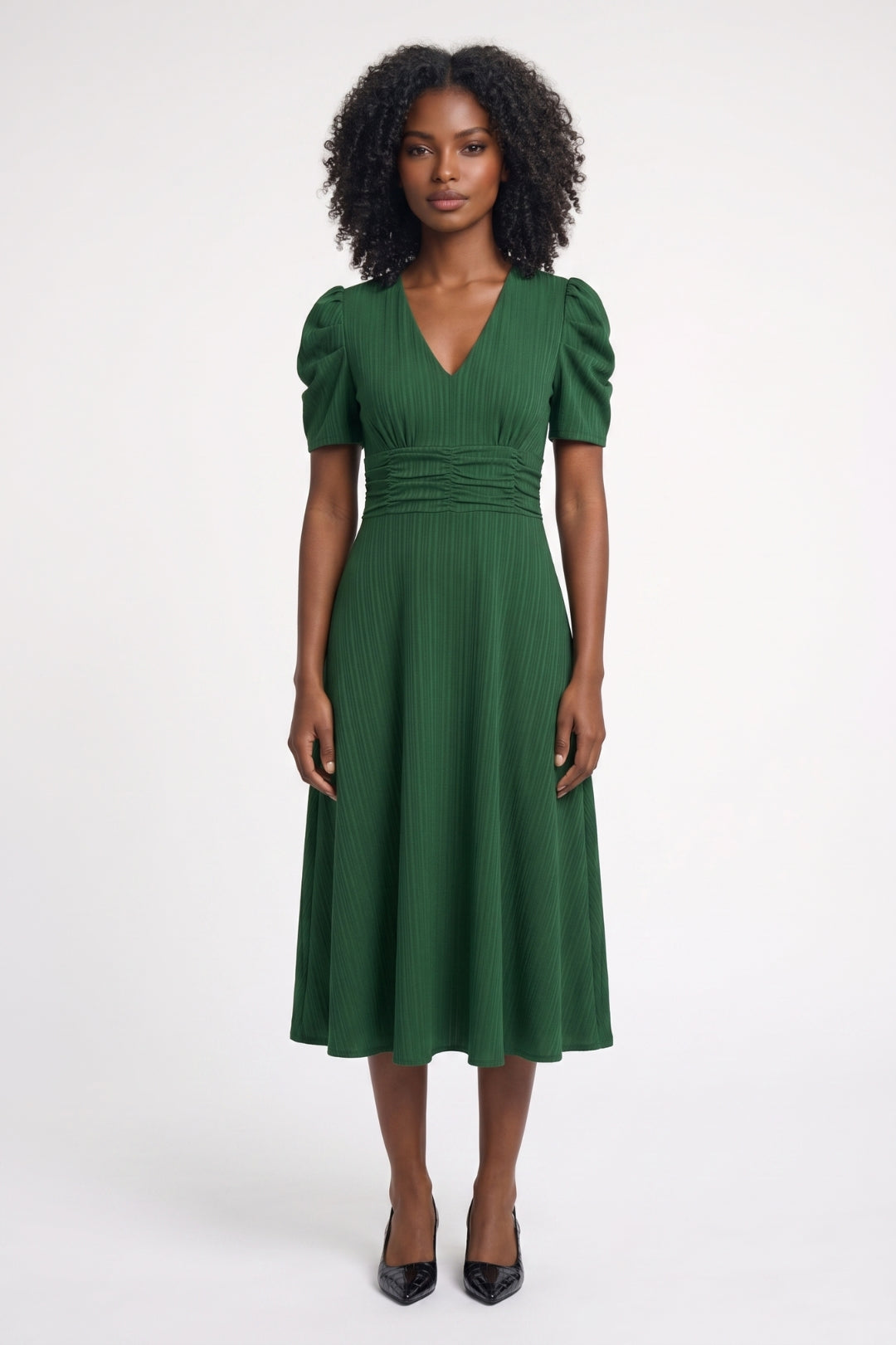 Robe midi Femme - Manches Bouffantes Col V Taille Froncée | Chic