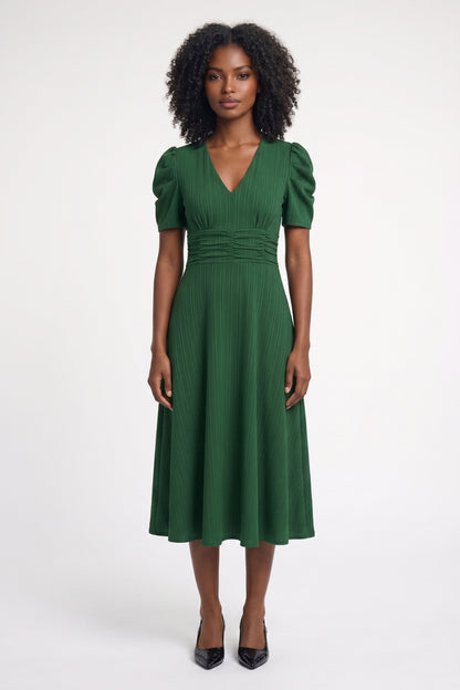 Robe midi Femme - Manches Bouffantes Col V Taille Froncée | Chic