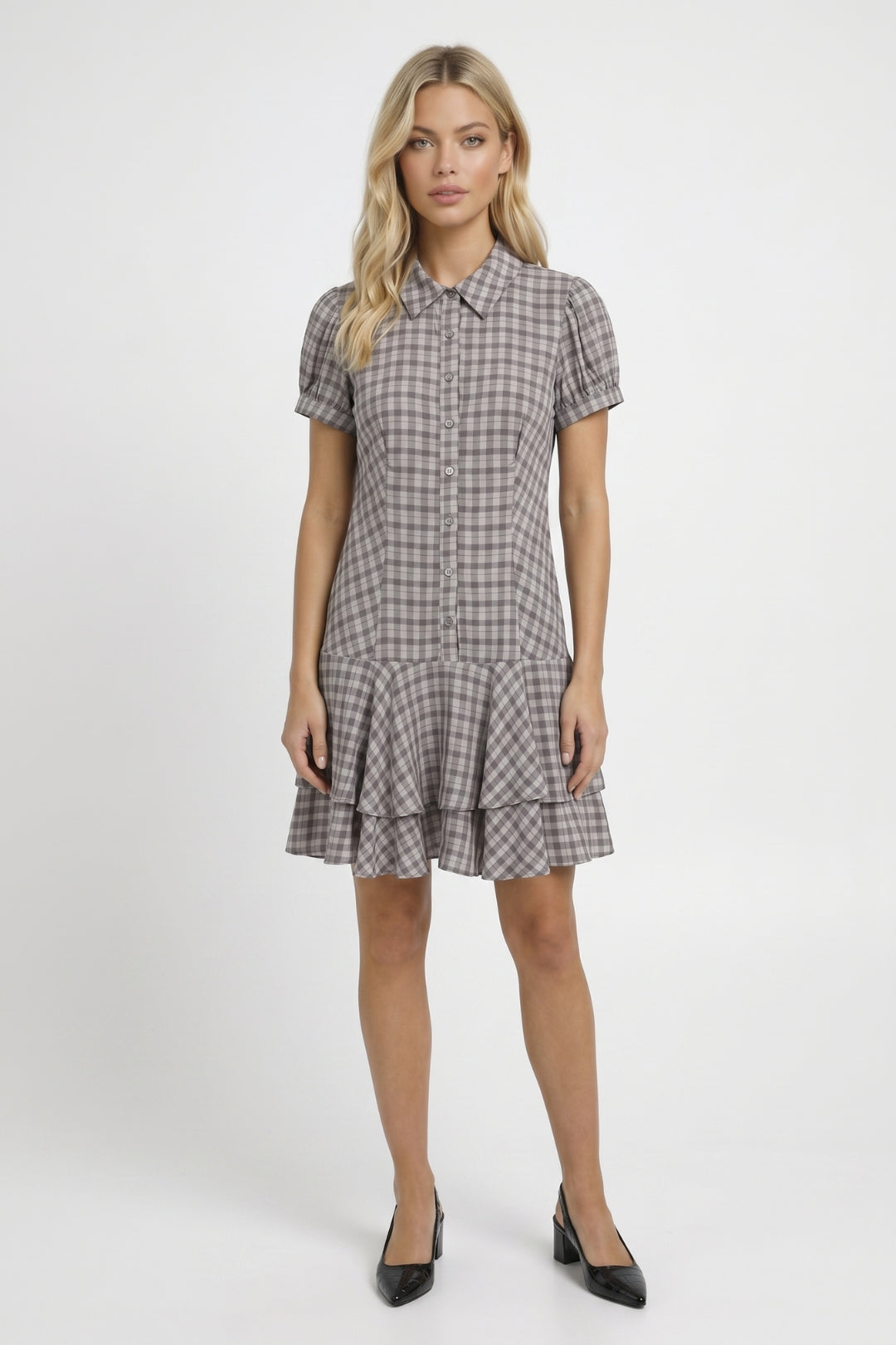 Robe Femme - Vichy Gris Col Chemise Volants Étagés | Rétro
