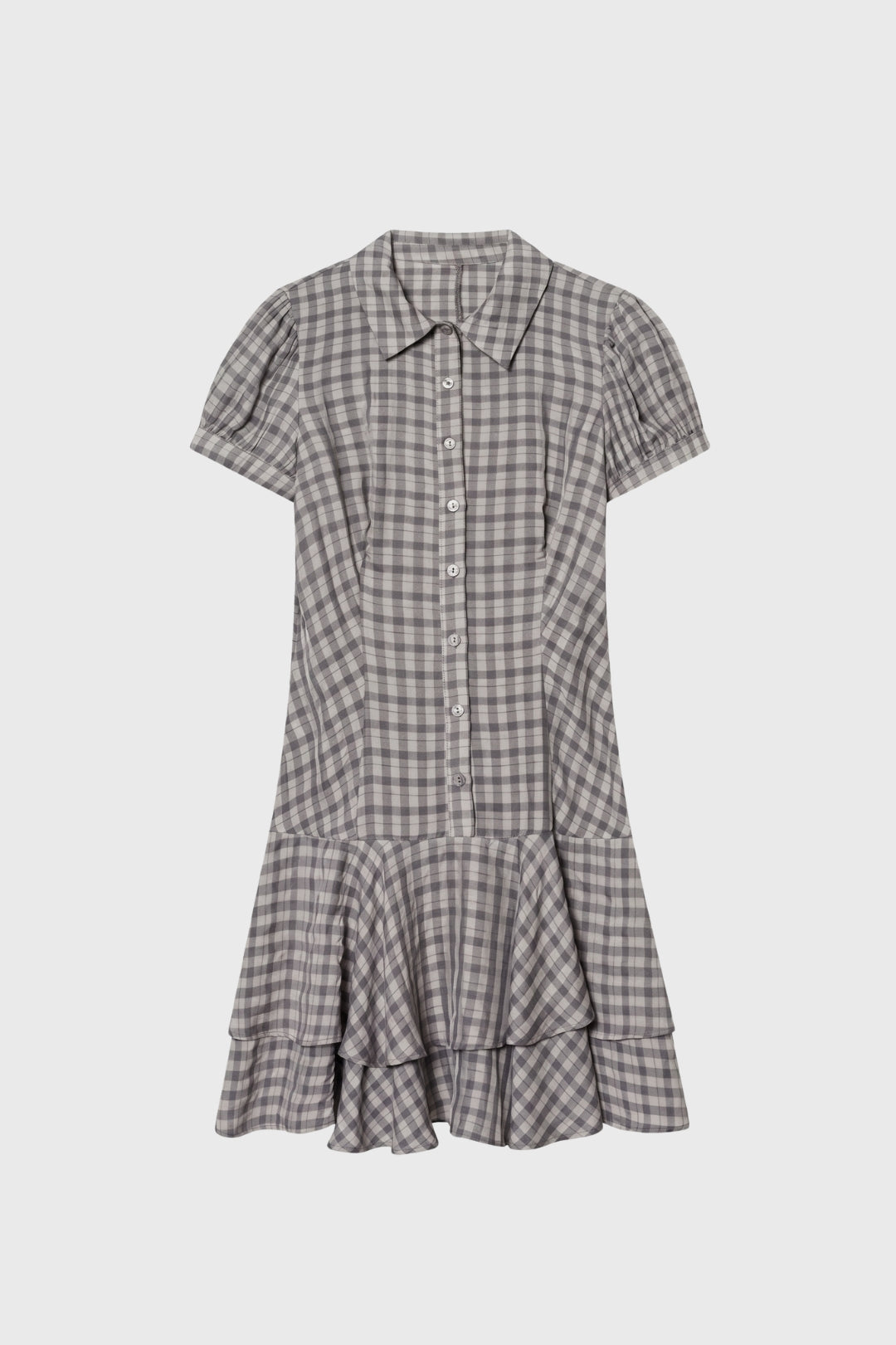 Robe Femme - Vichy Gris Col Chemise Volants Étagés | Rétro