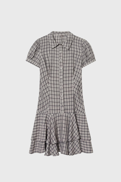 Robe Femme - Vichy Gris Col Chemise Volants Étagés | Rétro