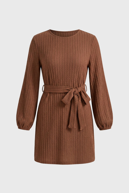 Robe Mini Femme - Côtelée Manches Bouffantes | Ceinture Nouée