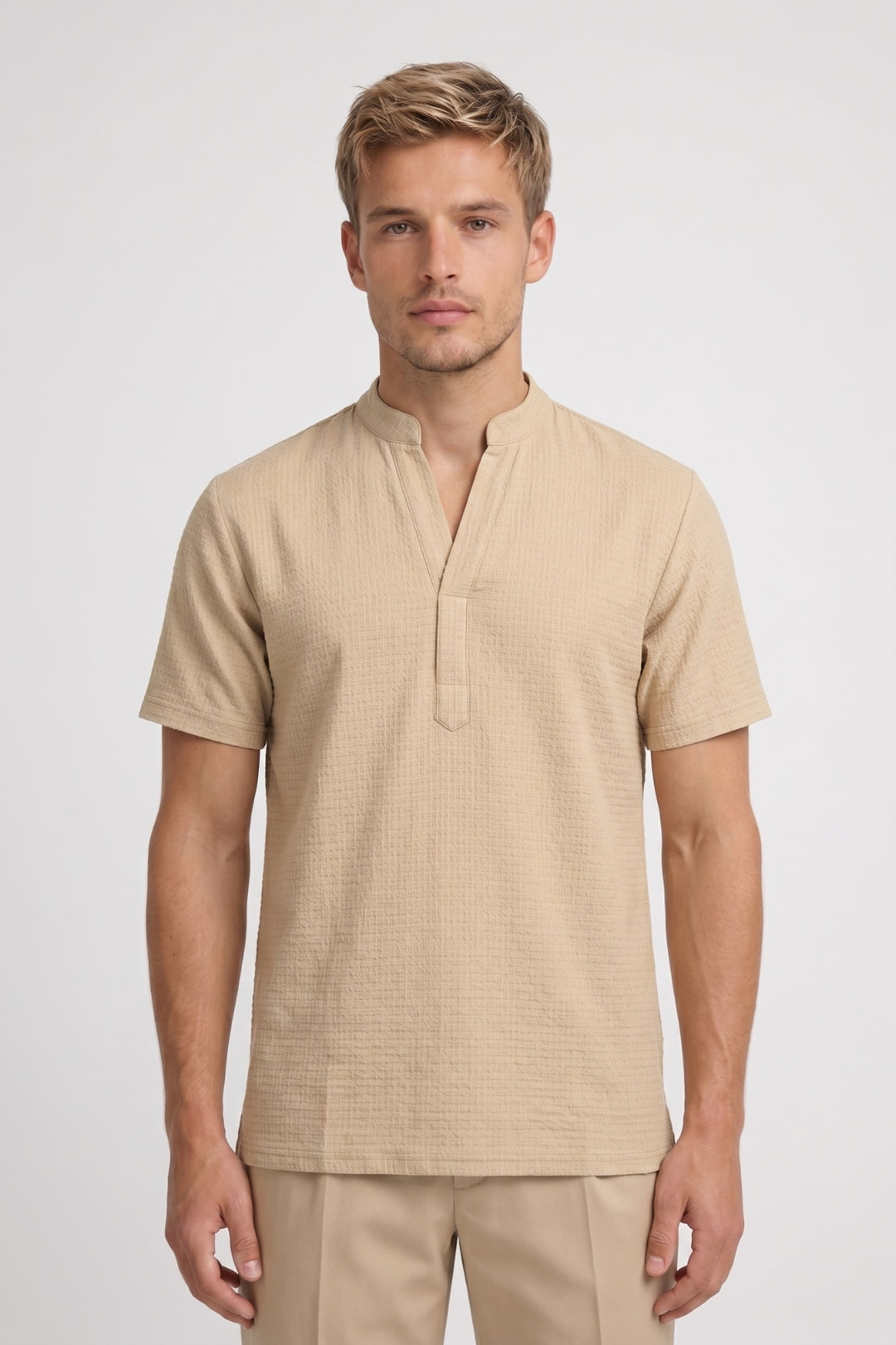 Chemise Homme - Col Mao Manches Courtes Style Henley | Décontracté