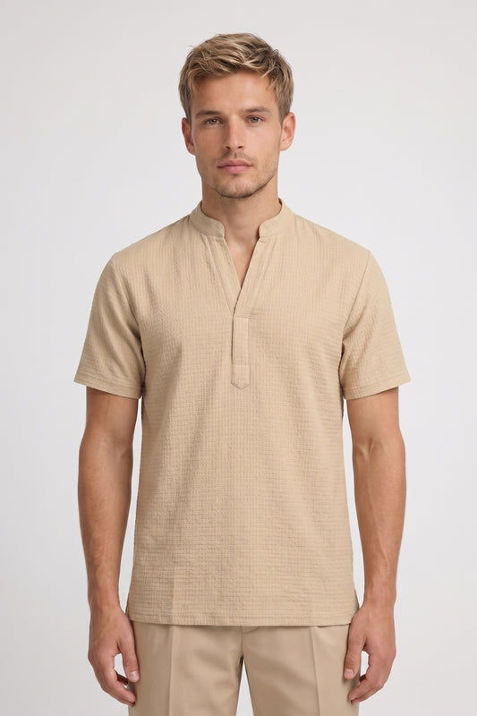 Chemise Homme - Col Mao Manches Courtes Style Henley | Décontracté