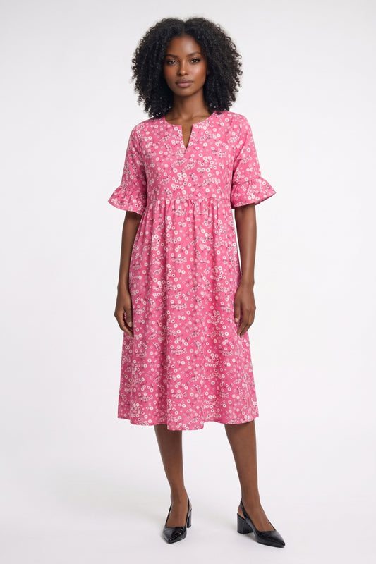 Robe Midi Femme - Imprimé Fleuri Col V Manches Volantées | Bohème