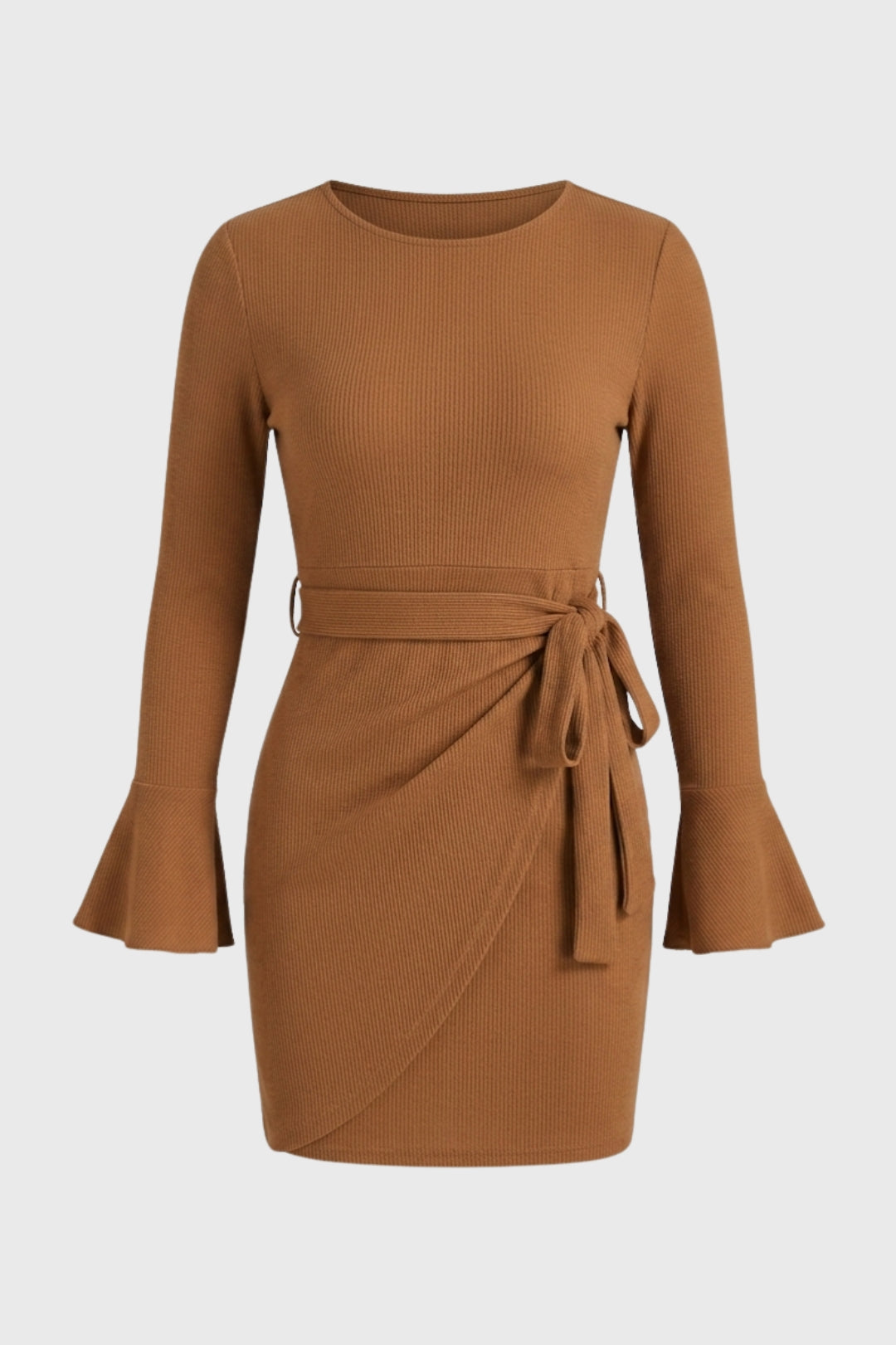 Robe Mini Femme - Côtelée Ceinture Nouée Manches Évasées | Chic