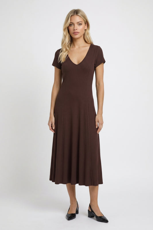 Robe Midi Femme - Col V Manches Courtes Évasée | Polyvalente