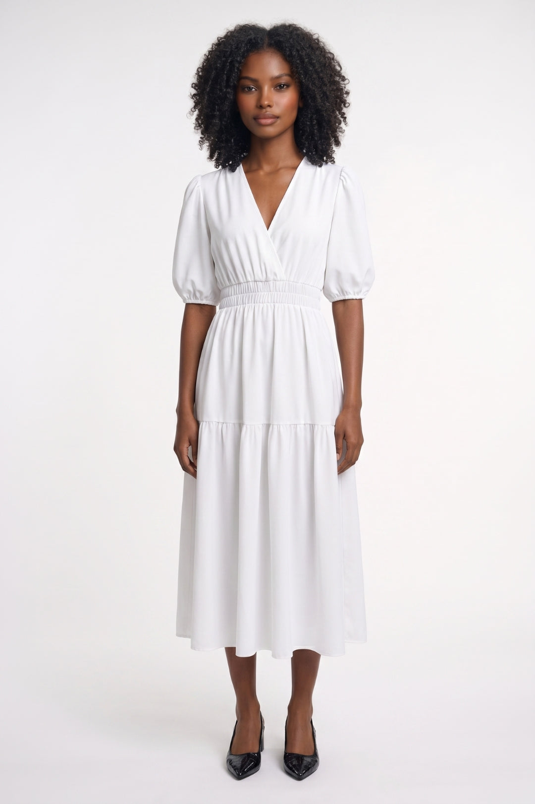 Robe Midi Femme - Manches Bouffantes Col V Taille Smockée | Romantique