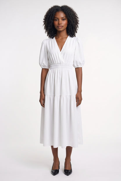 Robe Midi Femme - Manches Bouffantes Col V Taille Smockée | Romantique