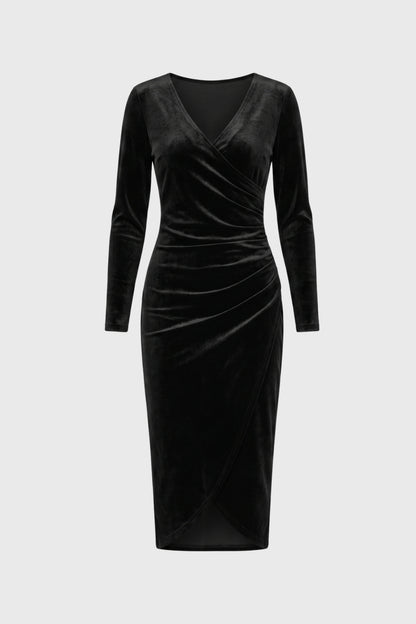 Robe midi Femme - Drapée Col V Manches Longues | Élégant