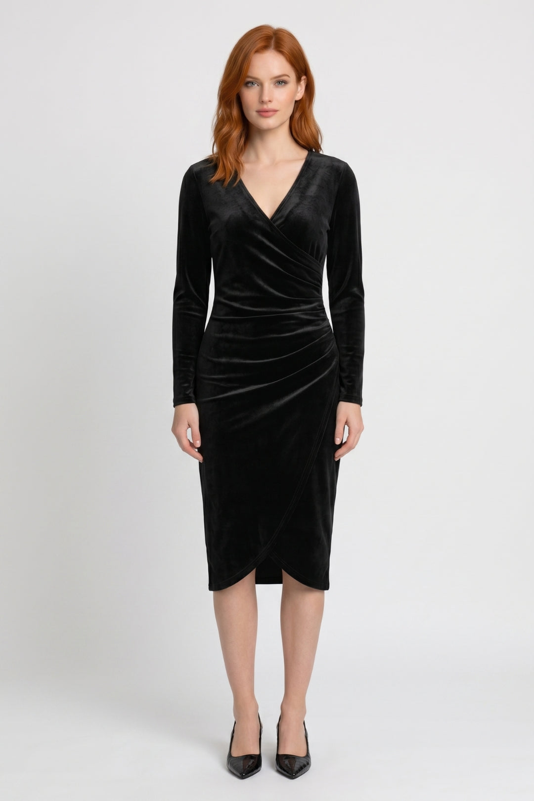 Robe midi Femme - Drapée Col V Manches Longues | Élégant