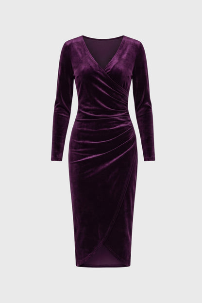 Robe midi Femme - Drapée Col V Manches Longues | Élégant