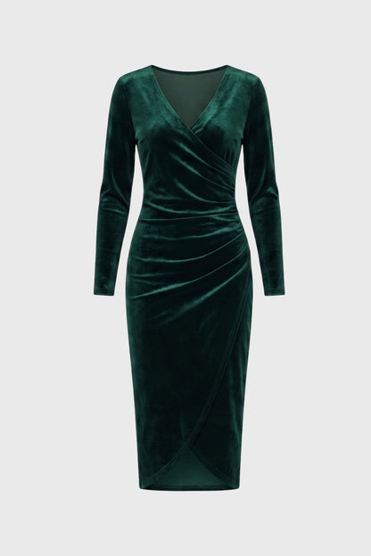 Robe midi Femme - Drapée Col V Manches Longues | Élégant