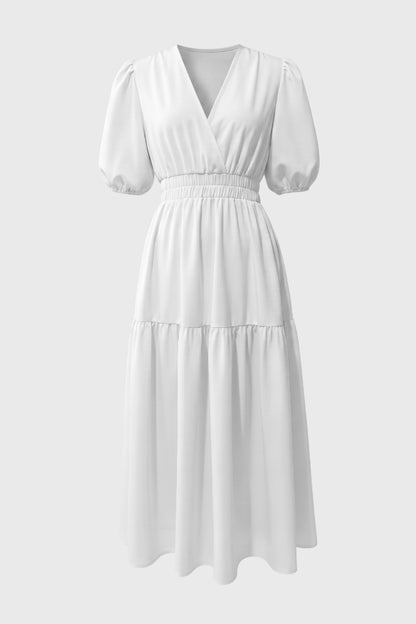 Robe Midi Femme - Manches Bouffantes Col V Taille Smockée | Romantique