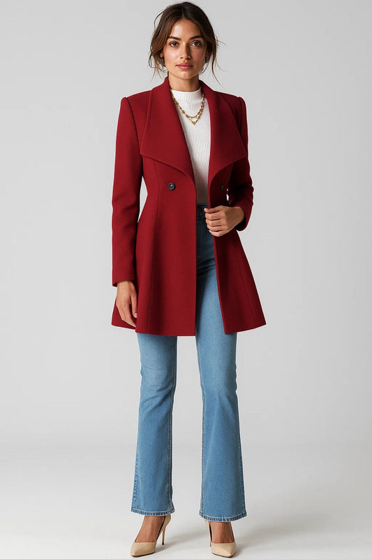 Manteau Long à Double Boutonnage | Élégant et Structuré | Rouge Bordeaux