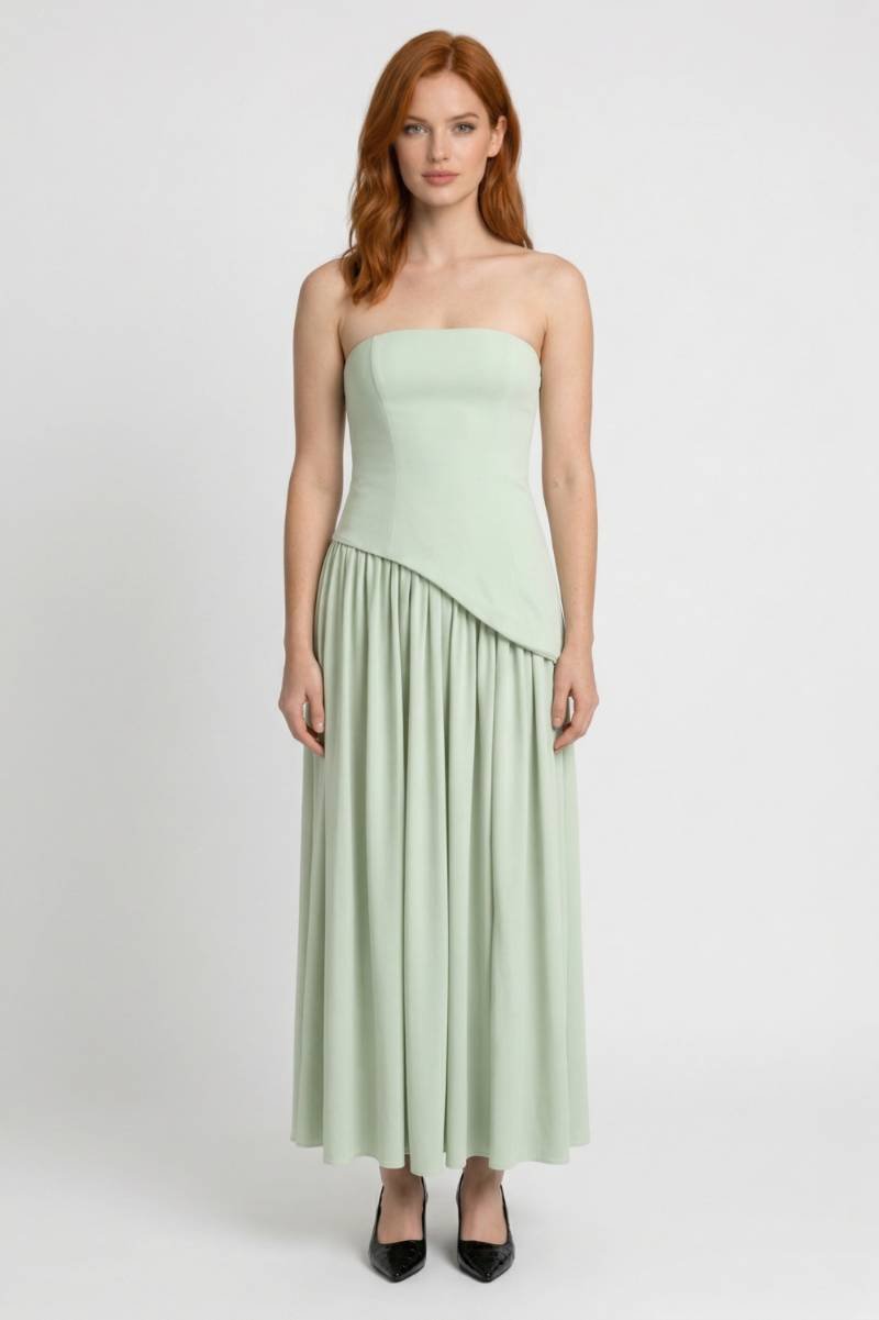 Robe Femme - Bustier Plissée Asymétrique | Soirée - Vert Clair