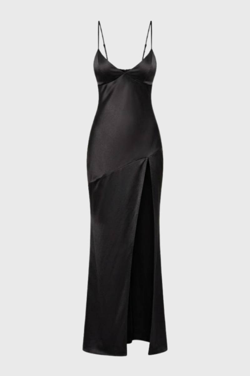 Robe Femme - Longue Fente Latérale avec Bretelles | Élégante — Noir