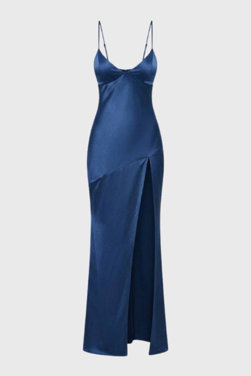 Robe Femme - Longue Fente Latérale avec Bretelles | Élégante — Bleu
