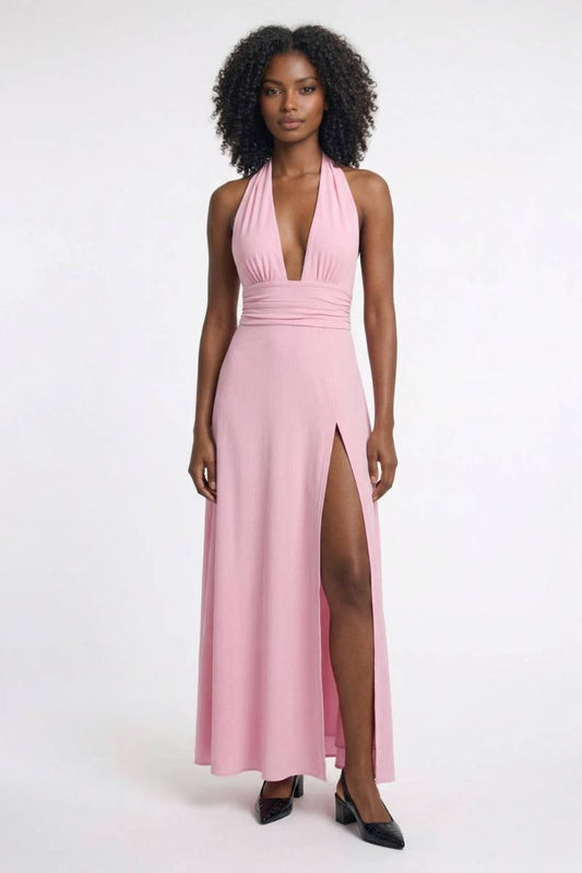 Robe Femme - Longue Licou avec Fente Latérale | Séduction - Rose