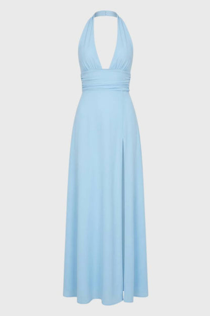 Robe Femme - Longue Licou avec Fente Latérale | Séduction - Bleu Clair