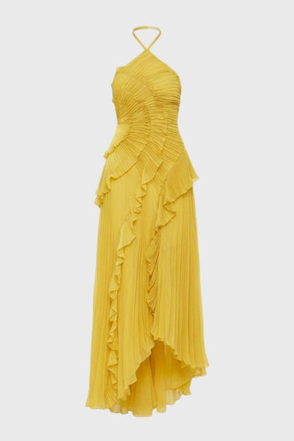 Robe Femme - Longue Plissée Col Halter | Élégante - Jaune