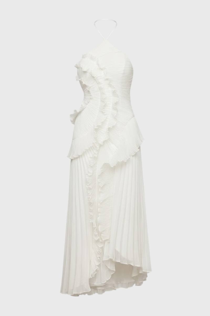 Robe Femme - Longue Plissée Col Halter | Élégante - Blanc