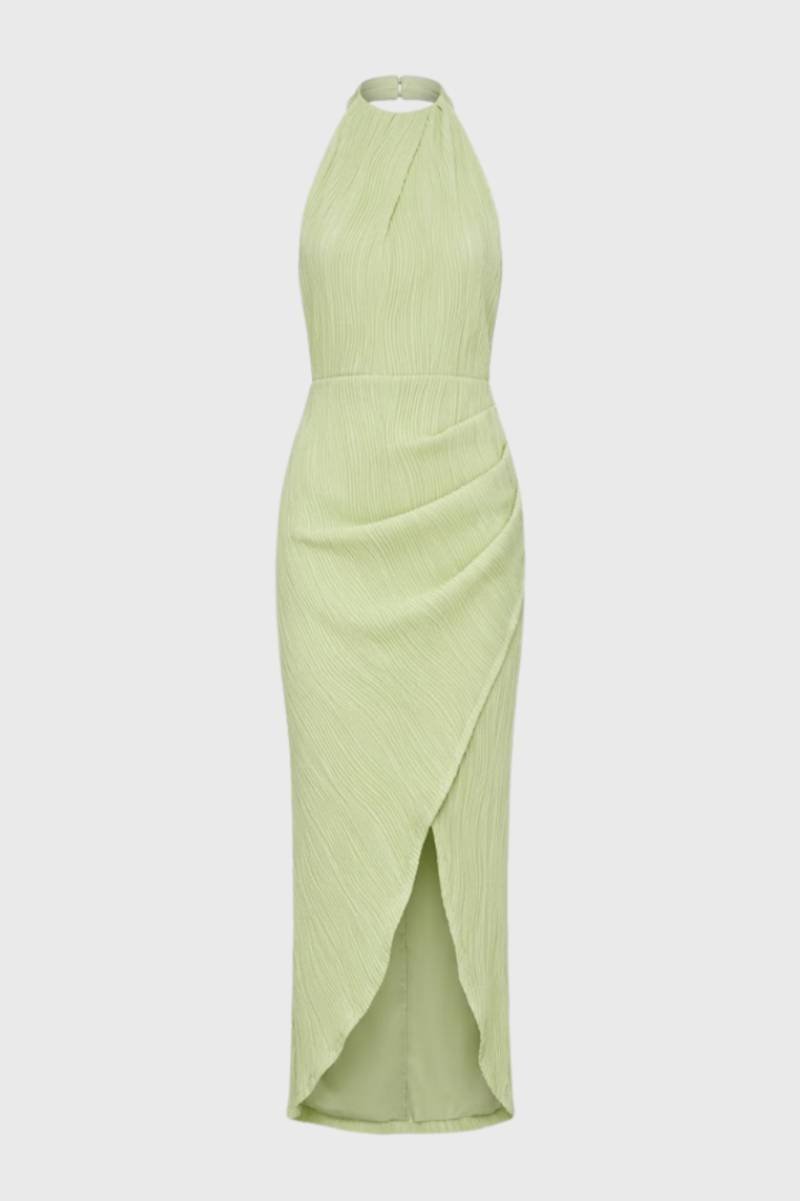 Robe Femme - Midi Col Montant avec Détails Plissés | Élégant - Vert Clair