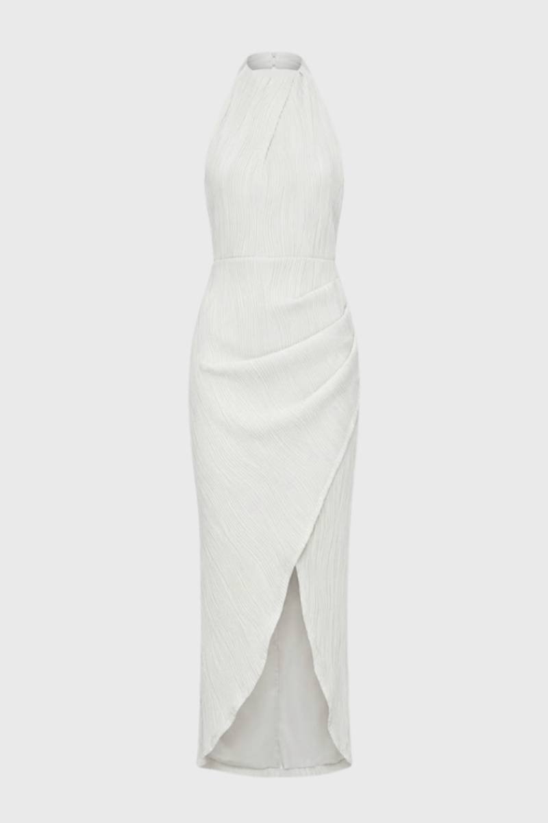 Robe Femme - Midi Col Montant avec Détails Plissés | Élégant - Blanc