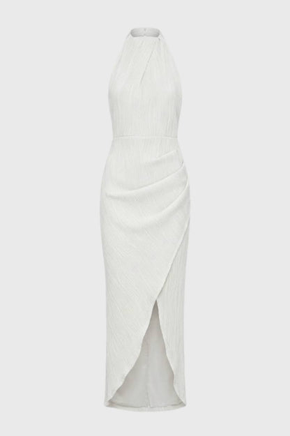Robe Femme - Midi Col Montant avec Détails Plissés | Élégant - Blanc