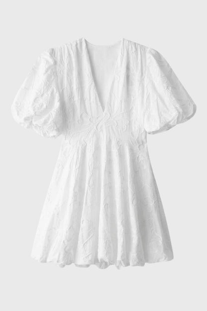 Robe Femme - Romantique Broderie Anglaise Col V | Mini - Blanc