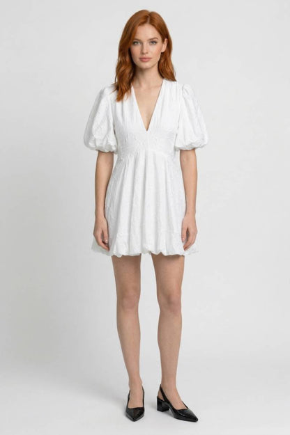 Robe Femme - Romantique Broderie Anglaise Col V | Mini - Blanc