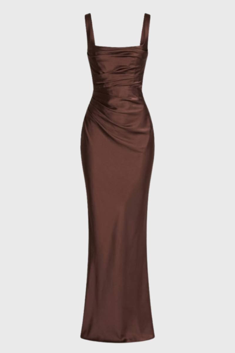 Robe Longue Femme - Bretelles Drapée | Élégante - Chocolat