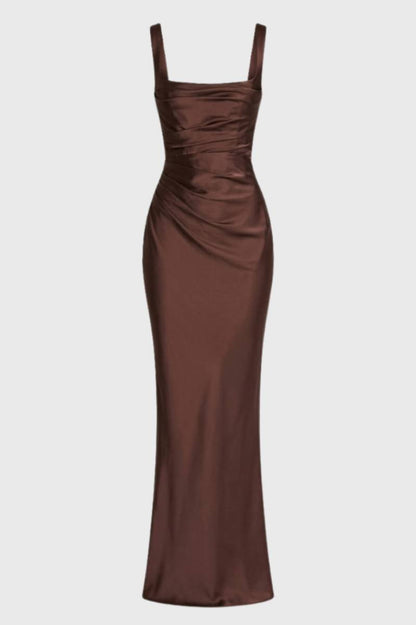 Robe Longue Femme - Bretelles Drapée | Élégante - Chocolat